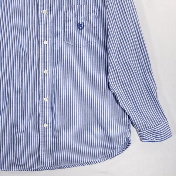 Chaps Shirt Mens Large Blue White Striped Casual Preppy Logo Crest Button Down - Picture 5 of 12